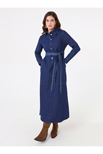 Refka Navy Blue Refka Denim Hijab Dress - Button Detail and Belted