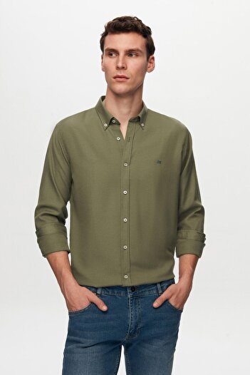 D'S Damat Slim Fit Khaki Oxford Button-Down Collar Easy-To-Iron Cotton Shirt with Embroidery Detail