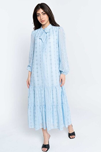 Nichii Women's Long Sleeve Midi Chiffon Dress with Bow Tie Collar