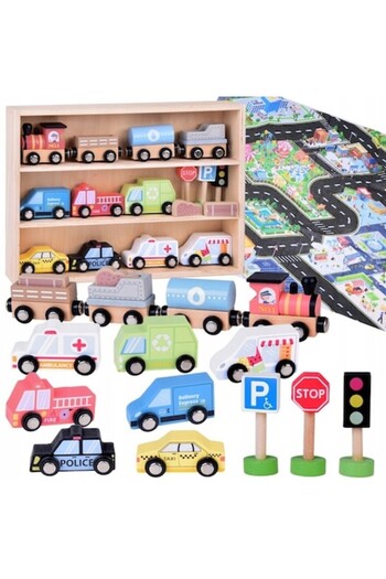 indiggo Set De Masinute Woodentoycars Din Lemn, Include Raft Depozitare, Covoras Oras Cu Masini