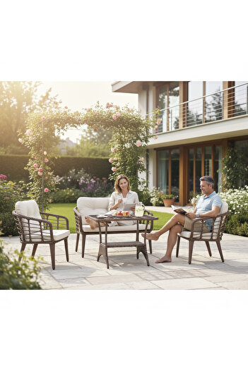 Tu Tienda KARTEPE 2 1 1 RATTAN BAHÇE BALKON TAKIMI,KAHVE RATTAN/KREM KUMAŞ