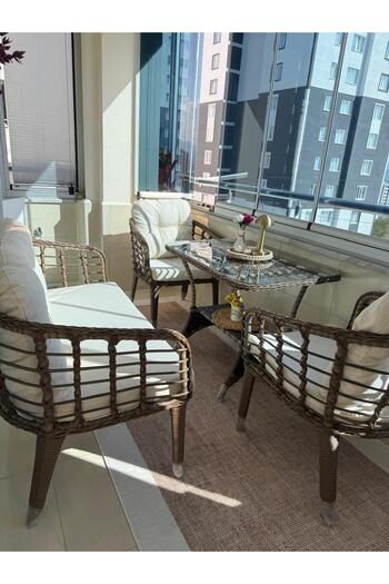 Tu Tienda KARTEPE 2 1 1 RATTAN BAHÇE BALKON TAKIMI,KAHVE RATTAN/KREM KUMAŞ