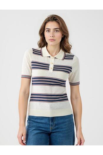 Jimmy Key Ecru Shirt Collar Striped Short Sleeve Knitted T-Shirt