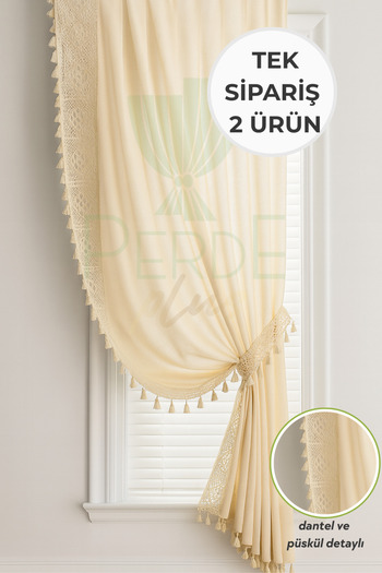 Perdeplus Lace and Tassel Backdrop Curtain 2 Panels (Right - Left), Double Panel, Rustic & Cornice Compatible