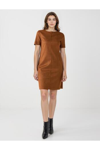 Jimmy Key Tan Straight Cut Round Neck Knitted Dress