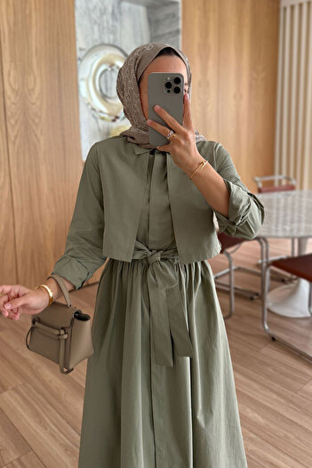 Ka Hijab Shirt Collar Belted Poplin Dress - Green