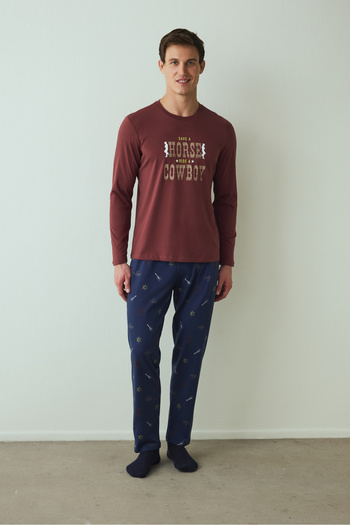 Penti Men's Cowboy Slogan Printed Pajama Set