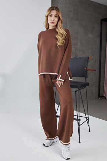 DPARİS Striped Short Front Long Back Sweater Pants Knitwear Two-Piece Set