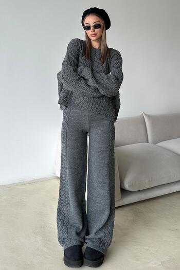 Olcay Crew Neck Hair Knitwear Suit Anthracite 9369-Tk