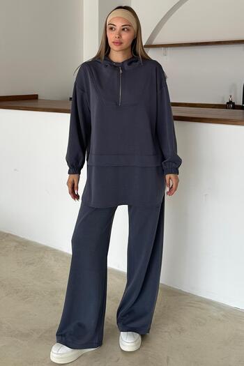 Olcay Hooded Zipper Detailed Premium Fabric Sweat Pants Set Indigo 9373-Tk