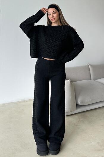 Olcay Crew Neck Hair Knitwear Suit Black 9369-Tk