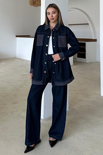 Olcay Garni Detailed Tunic Trousers Denim Suit Dark Blue 9376-Tk