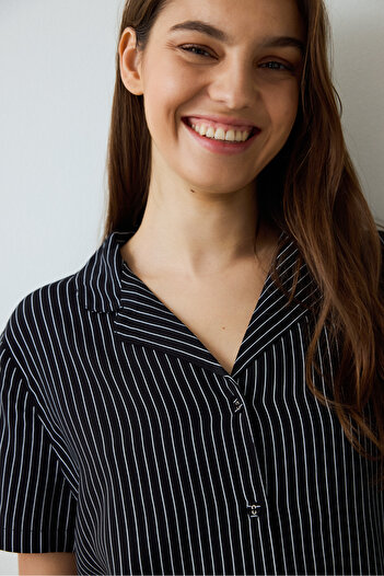 Penti Black Striped Shirt Collar Short Sleeve Pajama Set