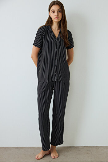 Penti Black Striped Shirt Collar Short Sleeve Pajama Set