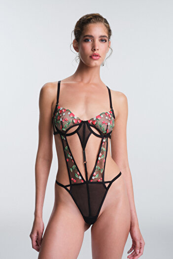 Penti Black Nera Floral Patterned Underwire Bodysuit with Embroidery Detail