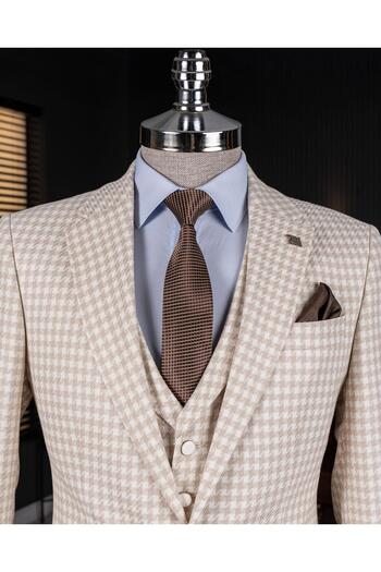 TerziAdemAltun Beige ITalian STyle Slim FiT HoundsTooTh PaTTerned JackeT vesT and Trousers SeT - T12789