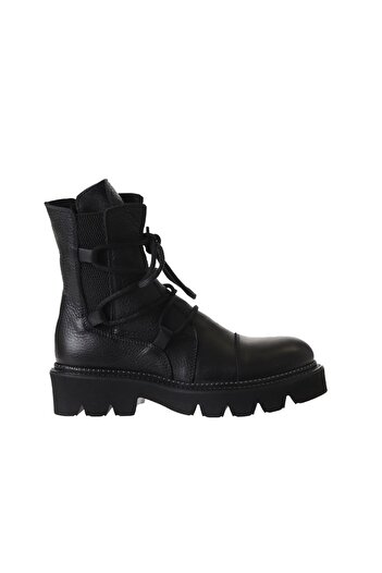 Bueno Shoes Μαύρες δερμάτινες γυναικείες φλατ μπότες 01wr3410