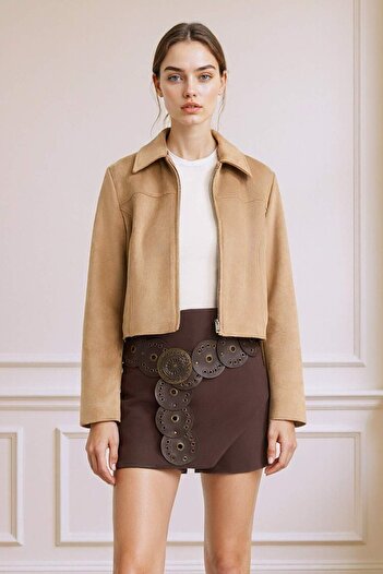 DeFacto Waterproof Regular Fit Polo Neck Zippered Suede Jacket Coat E8701Ax25Au