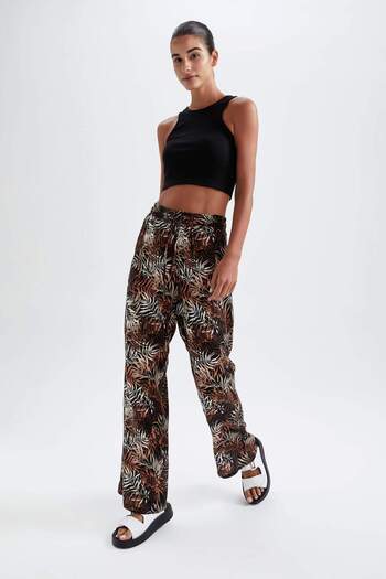 DeFacto Traditional Patterned High Waist Wide Leg Pocket Viscose Trousers