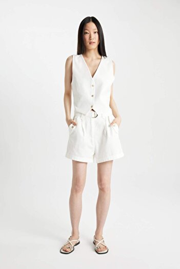 DeFacto Crop V-Neck Linen Blend Blazer Vest C7798Ax24Sm