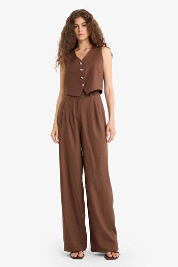DeFacto Wide Leg Double Pocket High Waist Standard Length Linen Blend Pants E1986Ax25Sm