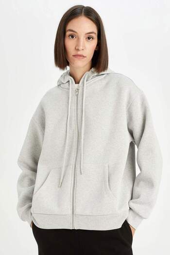 DeFacto Back to School Grey Relax Fit Hooded Sweatshirt - Zip-Up, Flat Pocket D8717Ax24Wn
