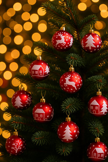 Derin Düşler Christmas Pine Tree Patterned Red and White Motif Ball - 6 Cm, Pack of 16