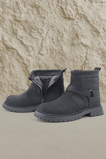 Rakerplus Real Fur Genuine Leather Black Nubuck Zippered Children's Boots