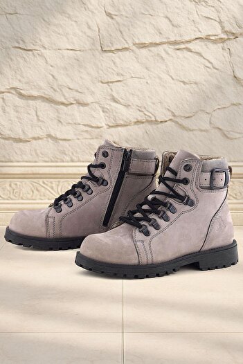 Rakerplus Griffon Genuine Leather Light Gray Lace-Up Zippered Boots