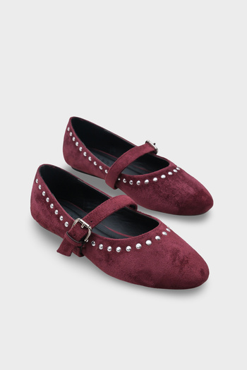 Capone Outfitters Penelop Round Toe Women's Ballerinas with Metal Accessories and Buckle, Faux Suede