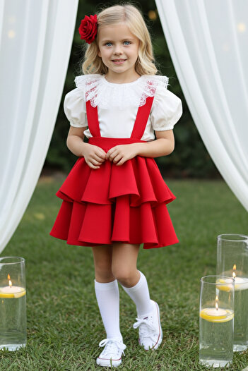 Parla Kids Girl's Helen Red Strap Lacing Gilet 29 October Dress Ecru Lace Short Sleeve Blouse Evening Dress Set