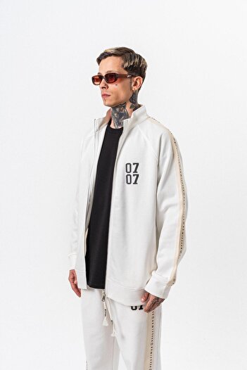 Respire Men's 7 Stripe Detailed Stand Collar Doubleface Zip Oversize Sweatshirt Ecru