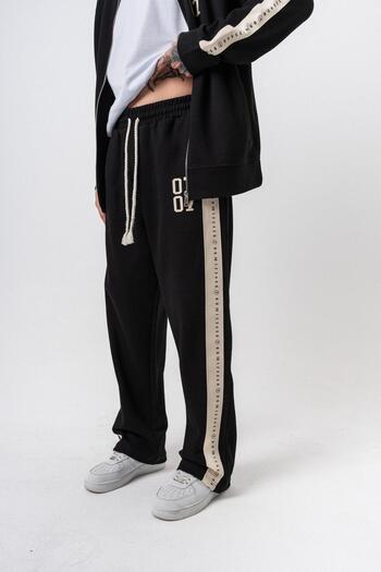 Respire Men's 7 Stripe Detailed Winter Doubleface Baggy Sweatpants Black