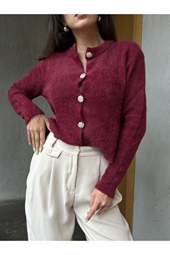 minaaise Kadın Bordo Yumuşak Dokulu Hırka Taşlı Düğme Detaylı 5559