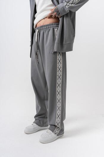 Respire Men's Damask Stripe Detailed Winter Doubleface Baggy Sweatpants Smoked