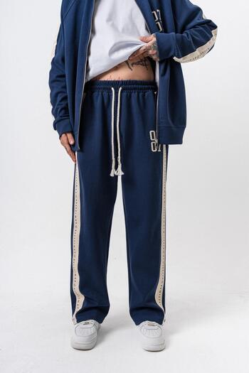 Respire Men's 7 Stripe Detailed Winter Doubleface Baggy Sweatpants Navy Blue