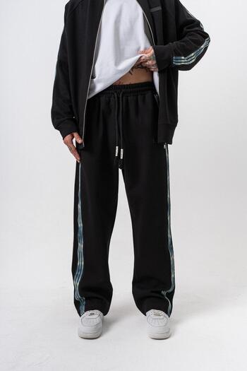 Respire Men's Dark Striped Stripe Detailed Winter Doubleface Baggy Sweatpants Black