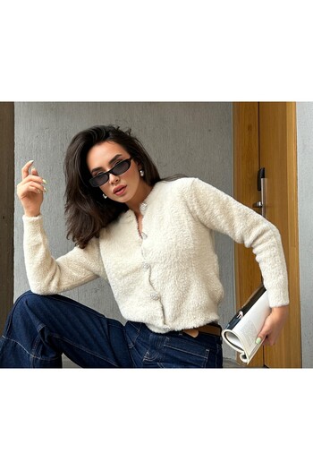 minaaise Women's Stone Soft Textured Cardigan with Stone Button Detail 5559