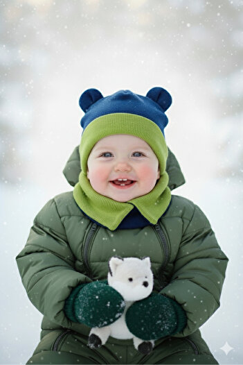 Babygiz Baby Kids Double Layer Special Design Extra Cold Protective Beanie Neck Collar Set
