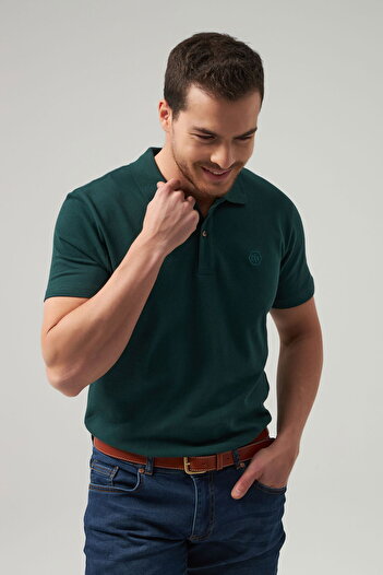 D'S Damat Regular Fit Khaki Pique Textured 100% Cotton Non-Curling Polo Neck Embroidered T-Shirt
