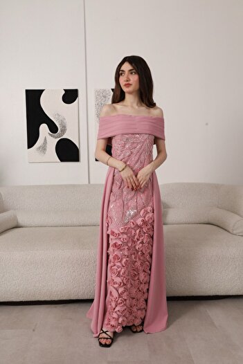 Generic Pink off-shoulder evening dress embroidered with sequins and 3D roses