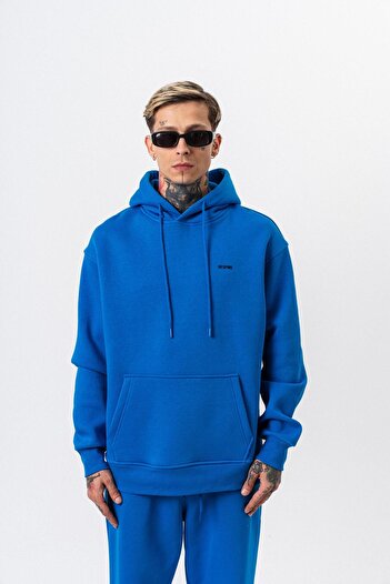 Respire Men's Text Detailed Hooded Basic Oversize Hoodie Blue