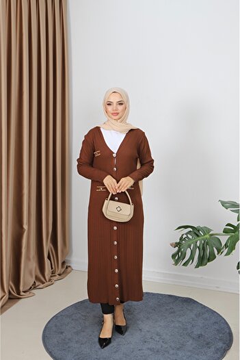 NİSUM MODA Mercerized Long Cardigan with Pocket Detail