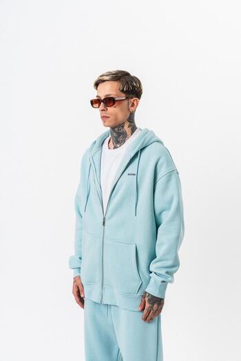 Respire Men's Text Detailed Hooded Basic Zip Oversize Hoodie Baby Blue