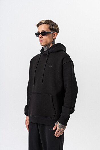 Respire Men's Text Detailed Hooded Basic Oversize Hoodie Black