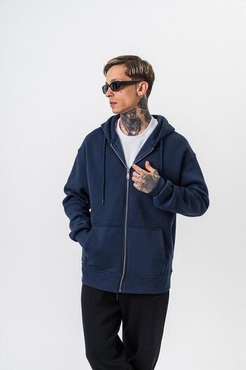 Respire Men's Text Detailed Hooded Basic Zip Oversize Hoodie Navy Blue