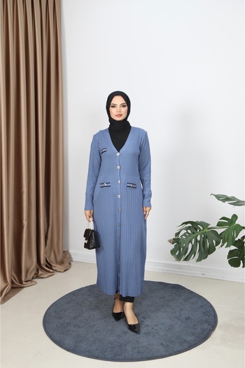 NİSUM MODA Mercerized Long Cardigan with Pocket Detail