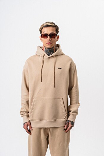 Respire Men's Text Detailed Hooded Basic Oversize Hoodie Beige
