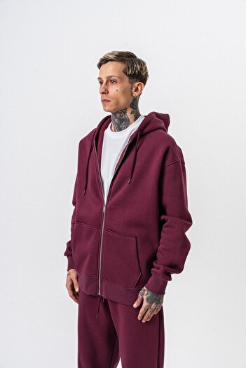 Respire Men's Text Detailed Hooded Basic Zip Oversize Hoodie Cherry