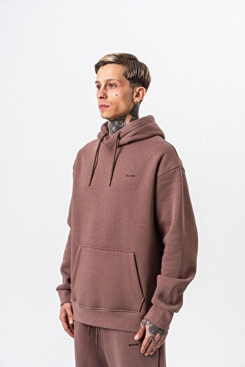 Respire Men's Text Detailed Hooded Basic Oversize Hoodie Cocoa